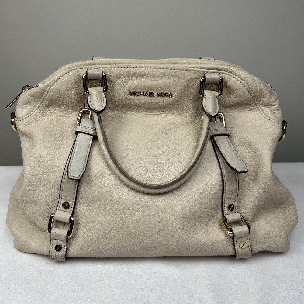 Michael Kors Tote Bag Satchel Large Beige Leather Snake Embossed Gold Hardware